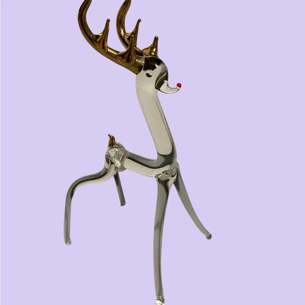 Vintage Reindeer 22 K Gold Overlay Hand Blown Glass Reindeer 5 Piece Set Clear